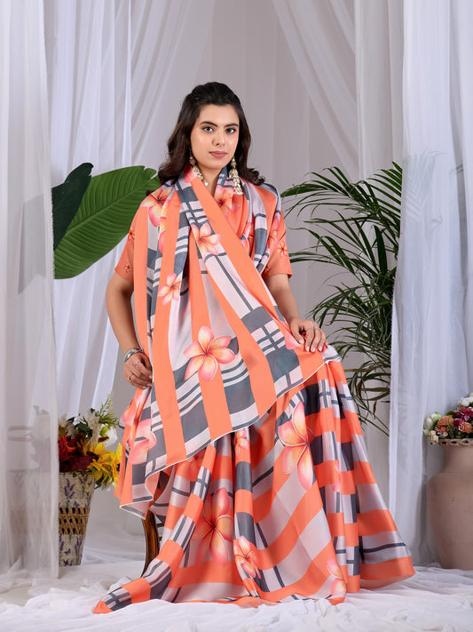 Elegant soft satin georgette saree featuring beautiful floral and striped digital print saree