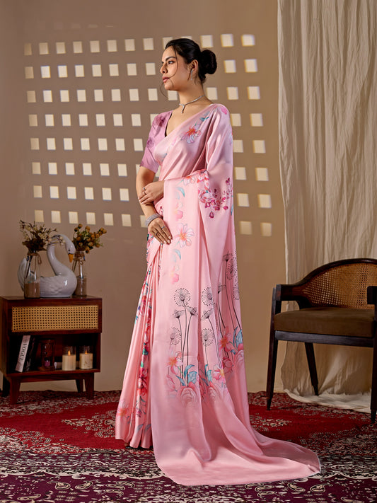 Elegant soft satin georgette saree featuring beautiful floral digital print saree