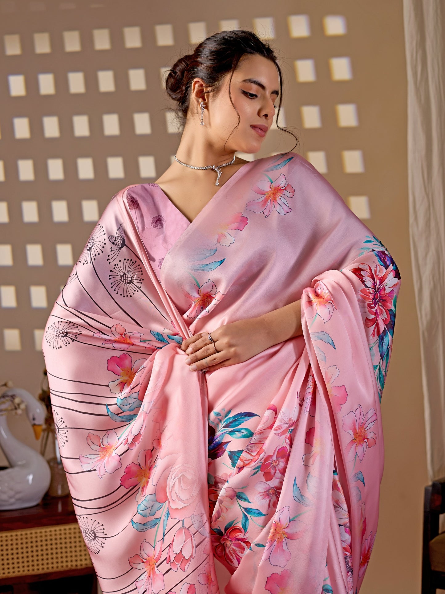 Elegant soft satin georgette saree featuring beautiful floral digital print saree
