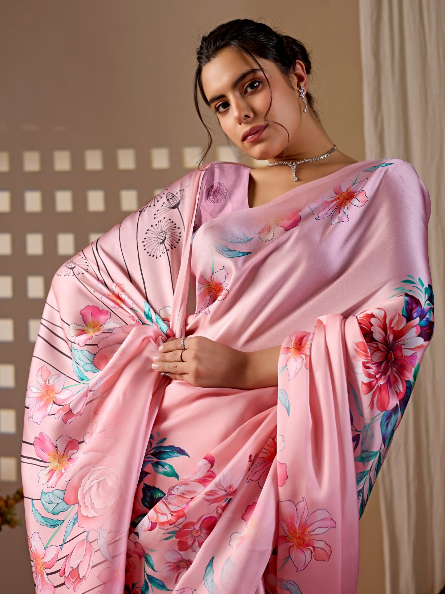 Elegant soft satin georgette saree featuring beautiful floral digital print saree