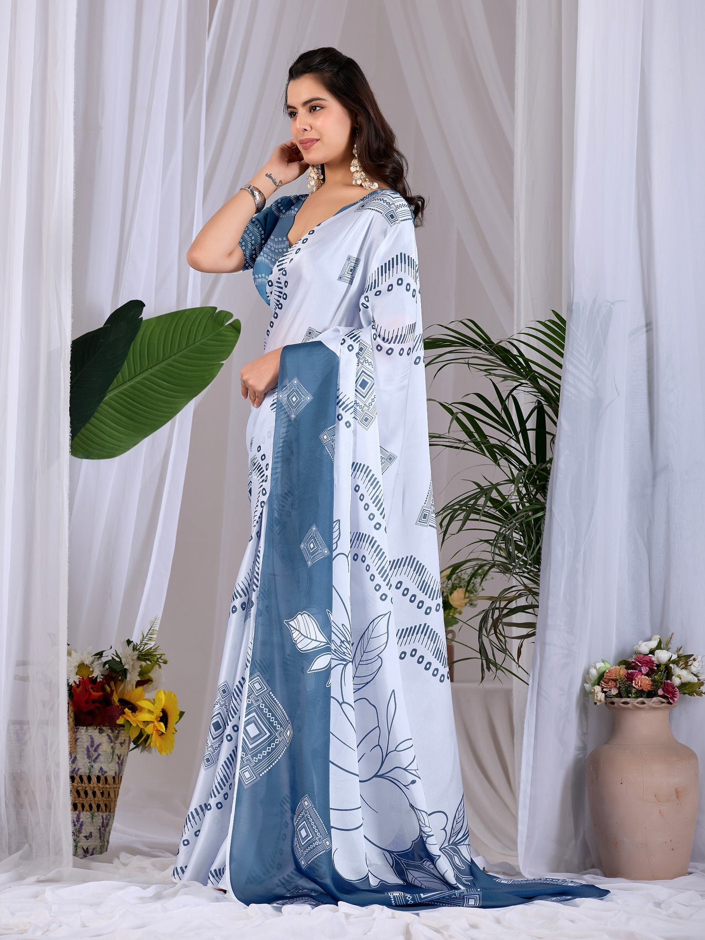 Elegant soft satin georgette saree featuring beautiful geometric and floral digital print saree