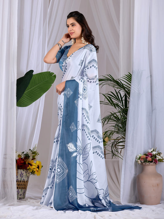 Elegant soft satin georgette saree featuring beautiful geometric and floral digital print saree