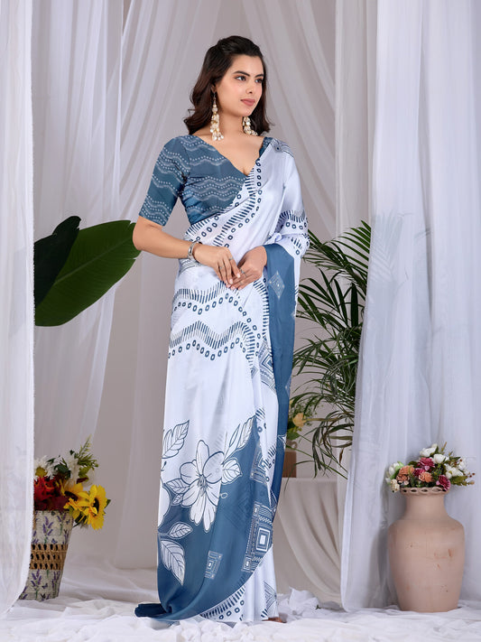 Elegant soft satin georgette saree featuring beautiful geometric and floral digital print saree
