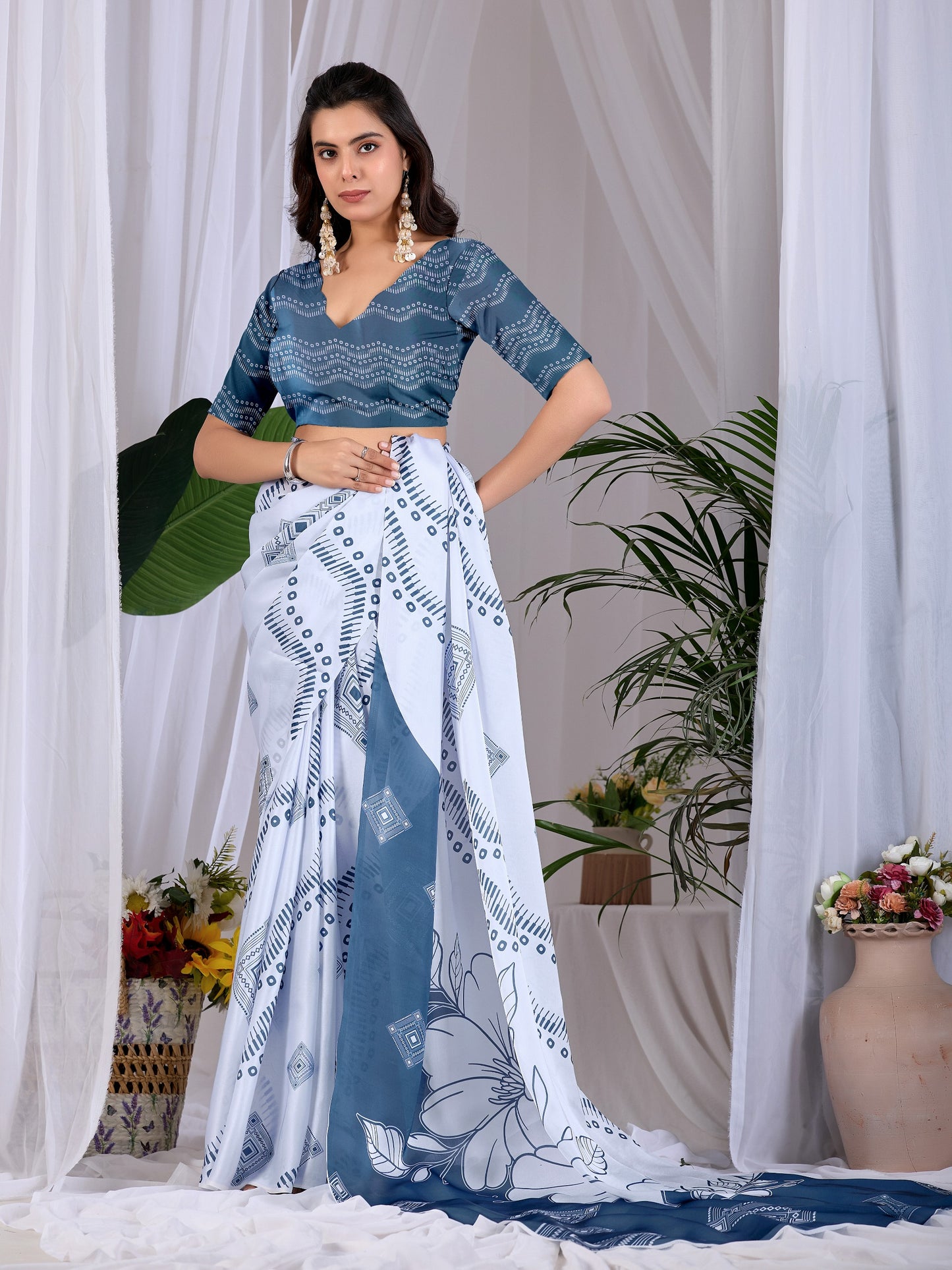 Elegant soft satin georgette saree featuring beautiful geometric and floral digital print saree