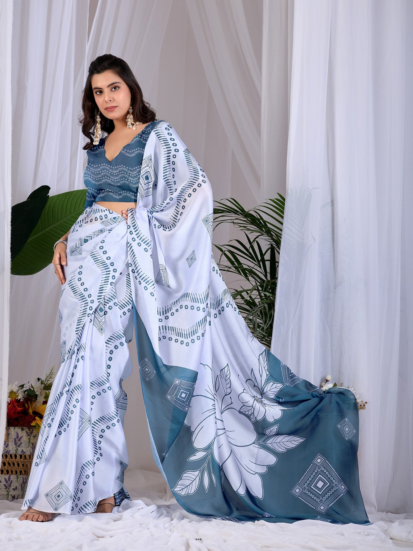 Elegant soft satin georgette saree featuring beautiful geometric and floral digital print saree