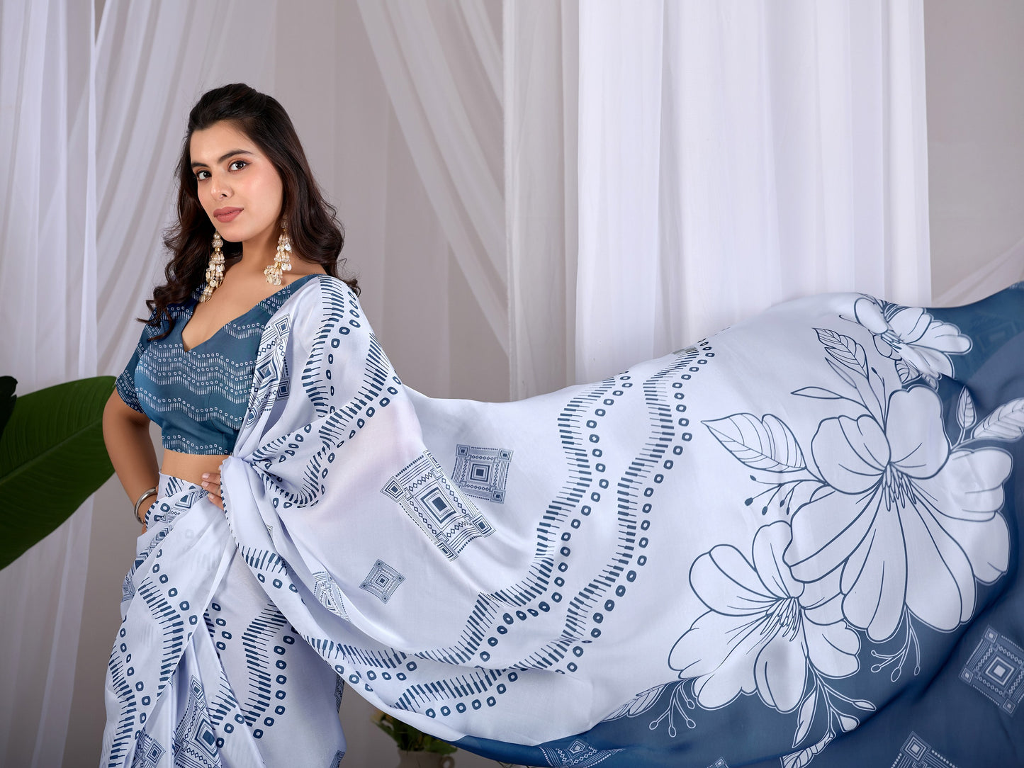 Elegant soft satin georgette saree featuring beautiful geometric and floral digital print saree