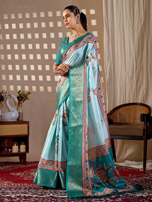 Soft Lichi Silk Saree with elegant floral print in soothing sky blue shades and a rich woven border