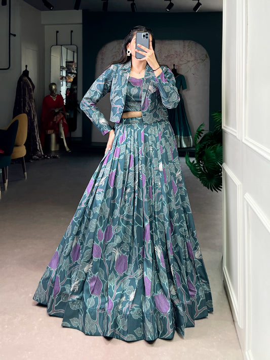 Designed for modern celebrations, this Tasar silk printed co-ord lehenga blends comfort, craft, and couture-like finesse effortlessly ✨