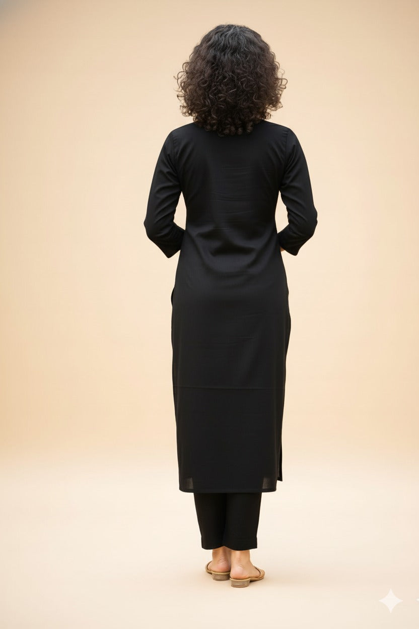 Black Tesla Slub  Embroidery Kurti Pant Set