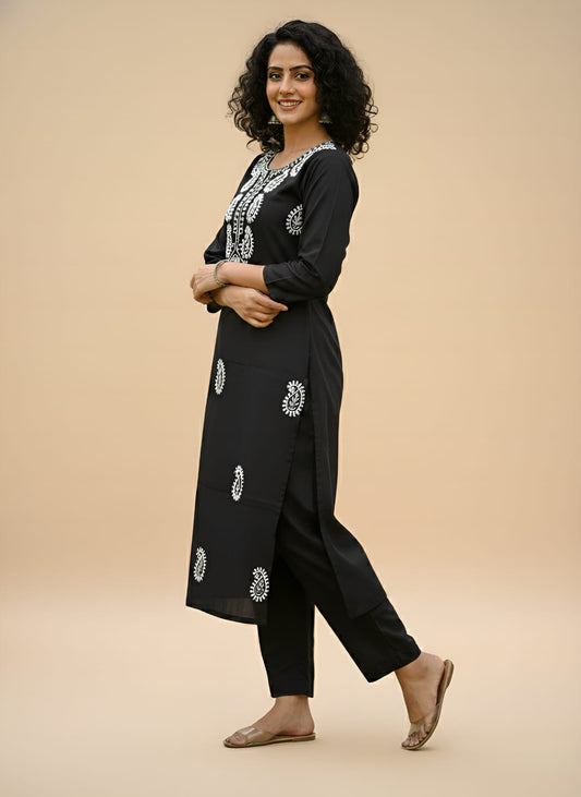 Black Tesla Slub  Embroidery Kurti Pant Set