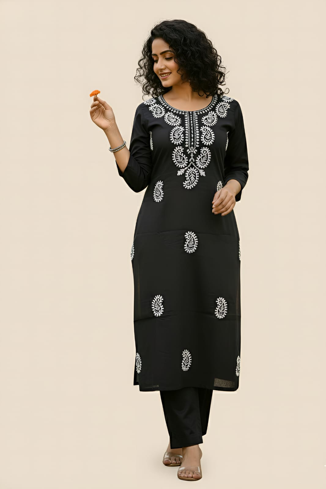 Black Tesla Slub  Embroidery Kurti Pant Set