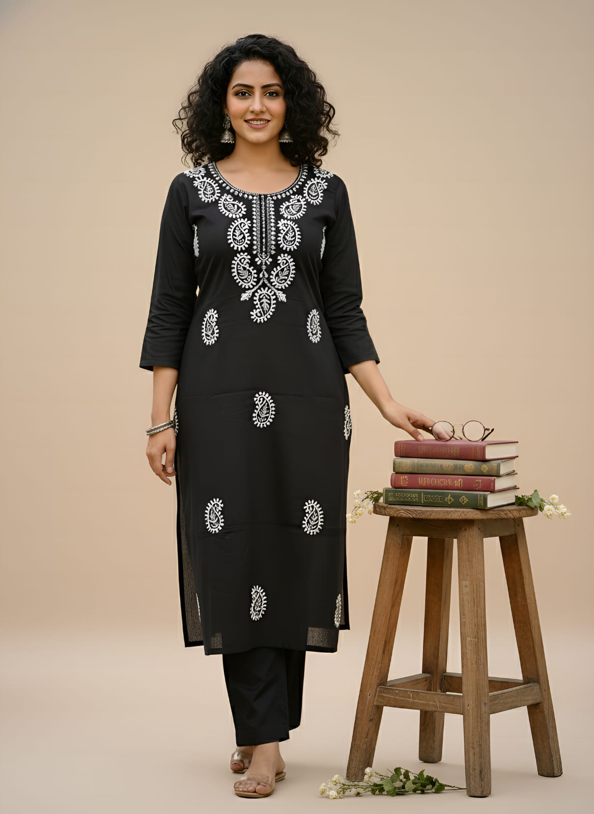 Black Tesla Slub  Embroidery Kurti Pant Set