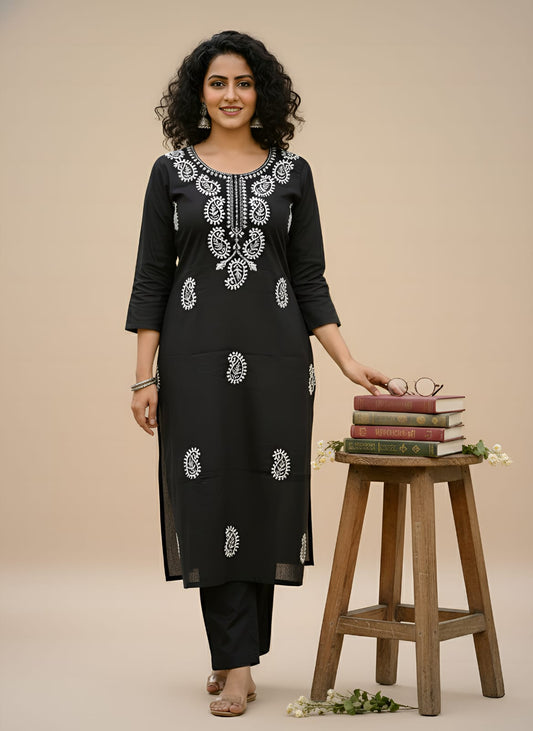 Black Tesla Slub  Embroidery Kurti Pant Set
