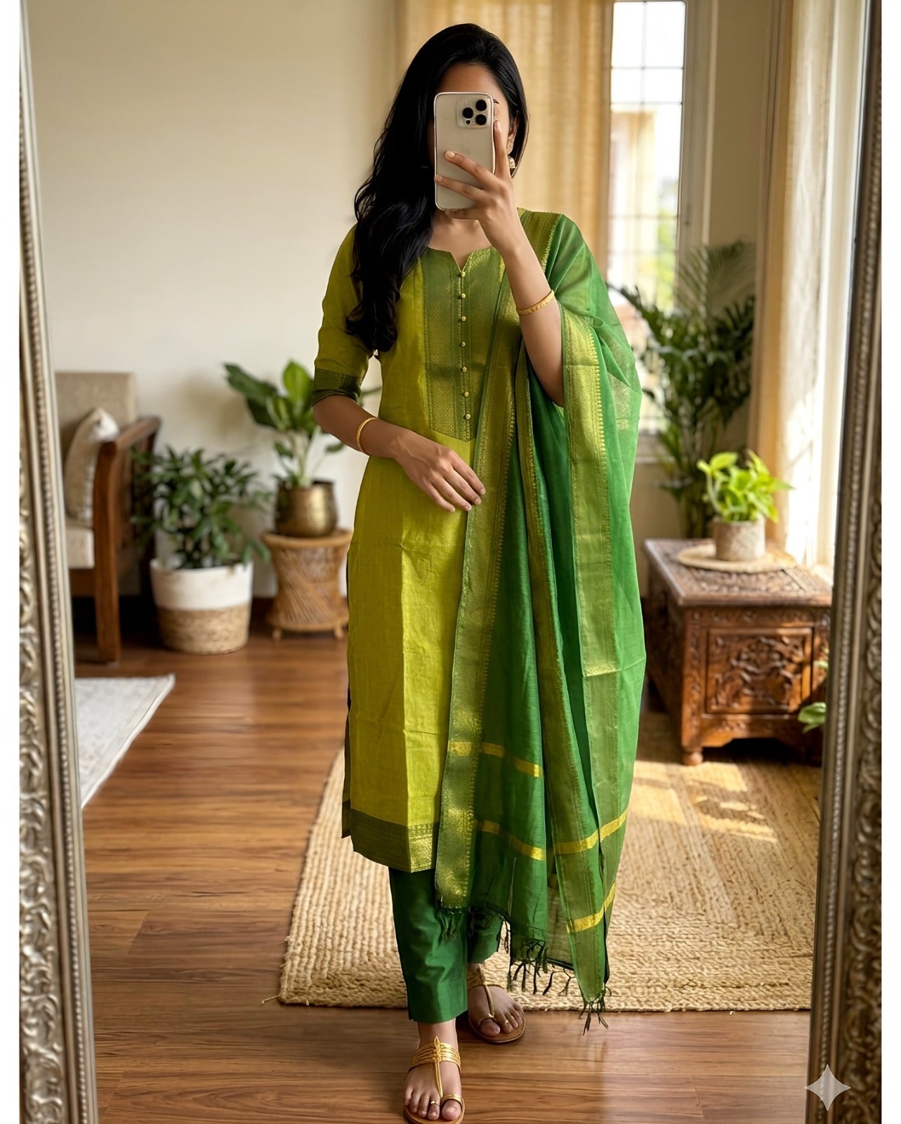 Elegant Kanchi Cotton Fabric Calf Length Straight Kurta Set