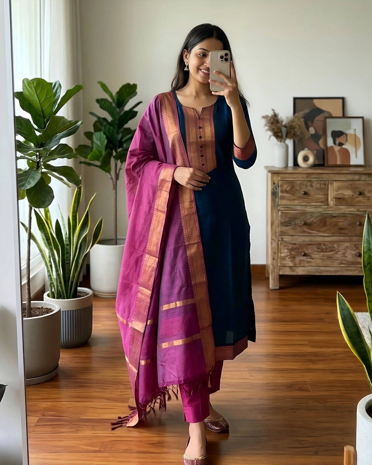 Elegant Kanchi Cotton Fabric Calf Length Straight Kurta Set