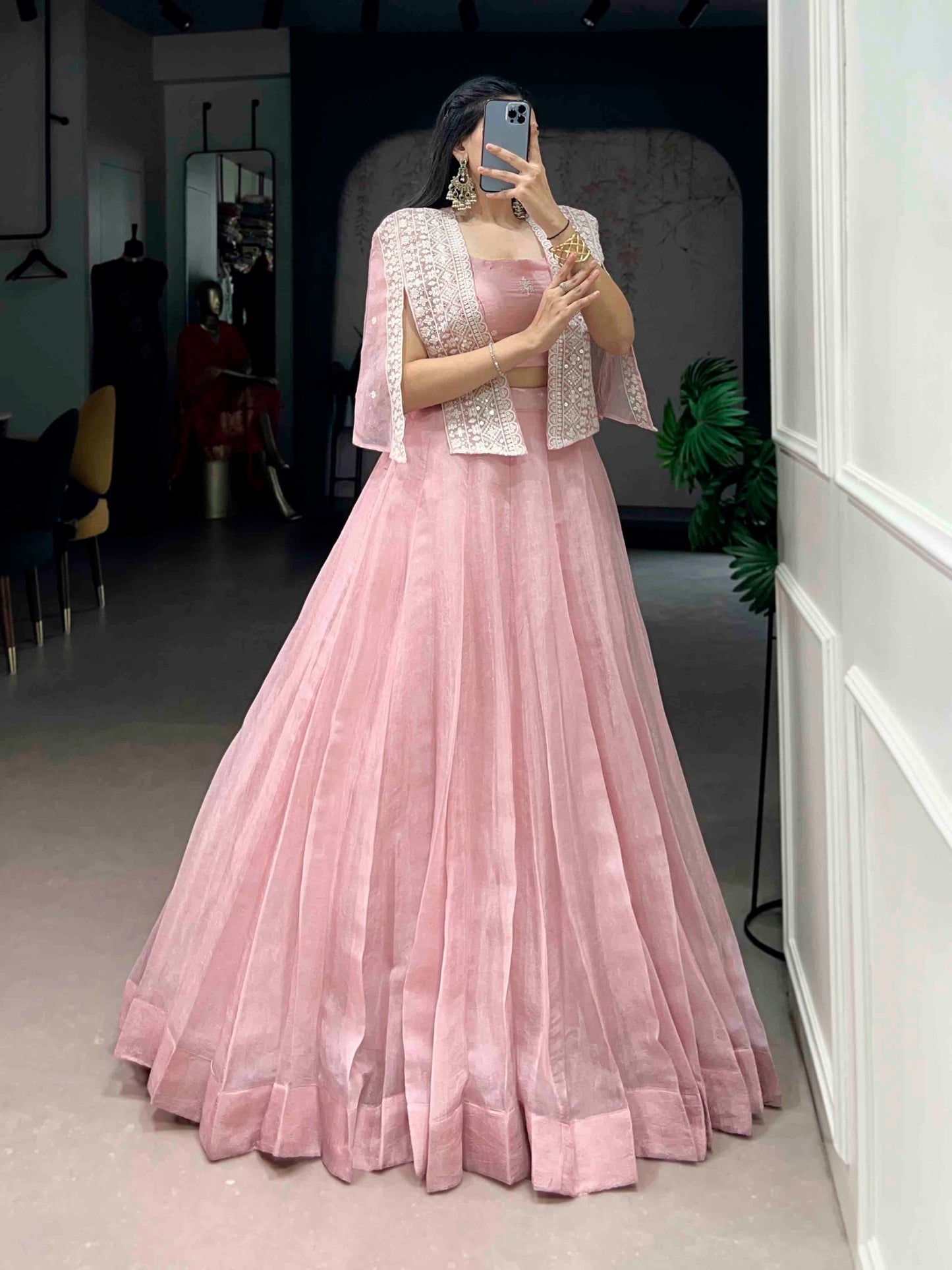 Crafted in soft Allnen crush fabric and detailed with sequins & thread embroidery, this lehenga is all about effortless elegance and festive charm. 🌸