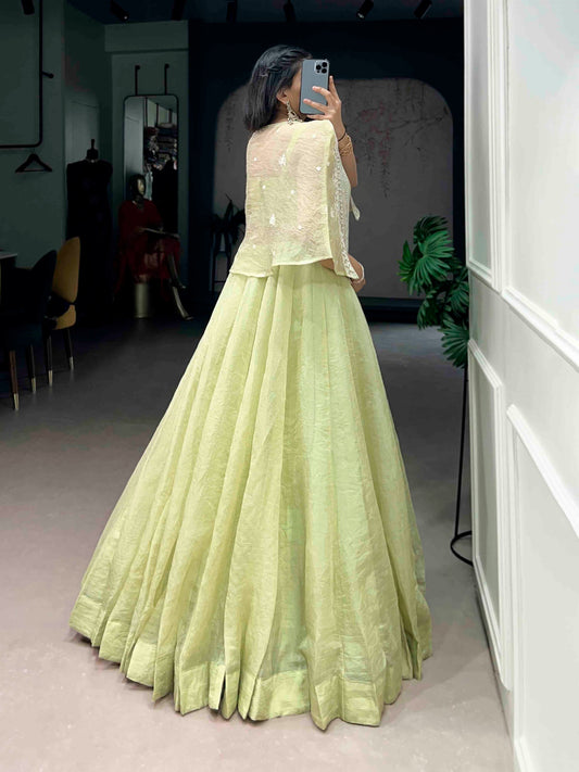 Crafted in soft Allnen crush fabric and detailed with sequins & thread embroidery, this lehenga is all about effortless elegance and festive charm. 🌸