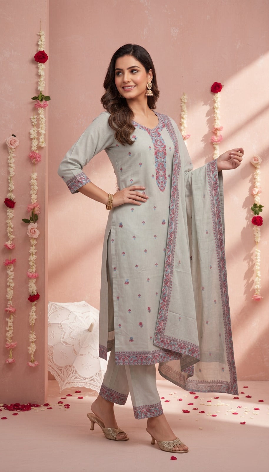 Women's Premium Light Grey Printed Kurta Pant & Dupatta Set with Intricate Floral Ethnic Motifs