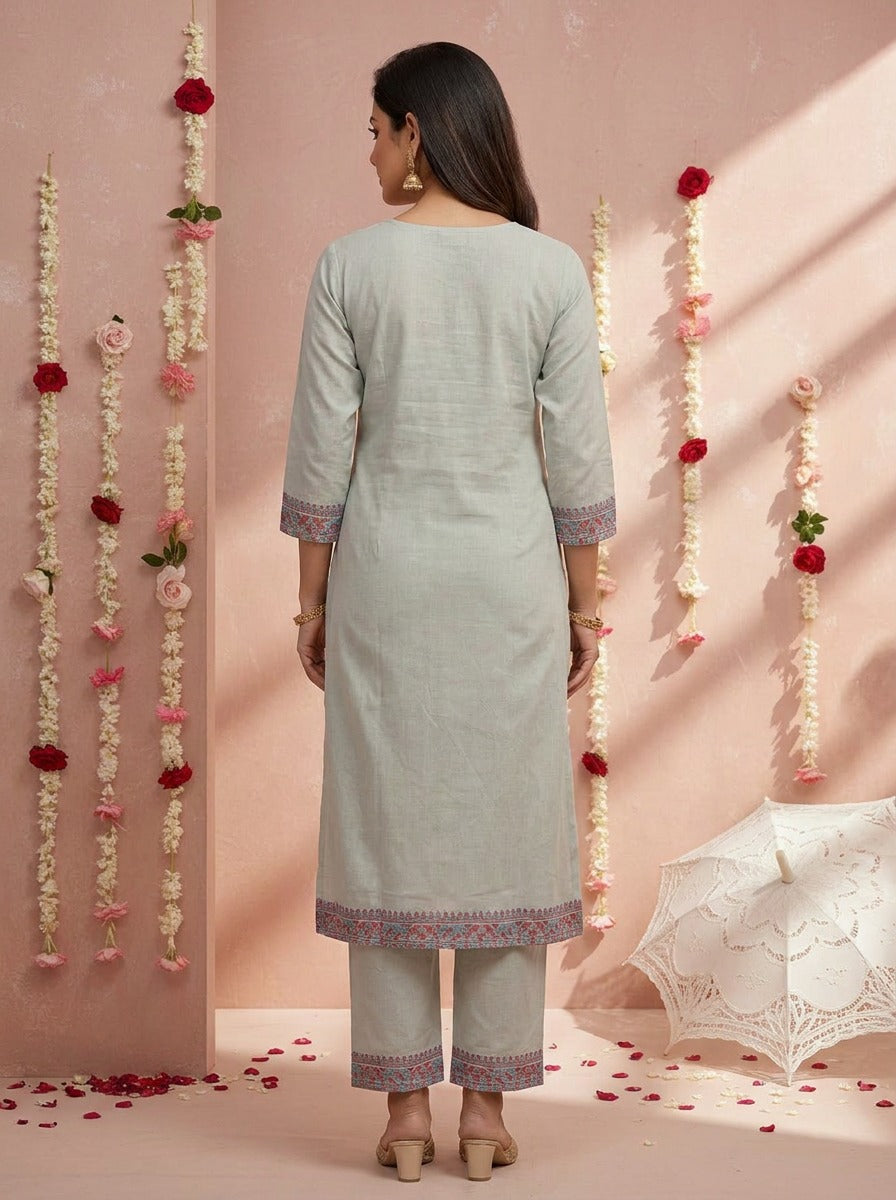 Women's Premium Light Grey Printed Kurta Pant & Dupatta Set with Intricate Floral Ethnic Motifs
