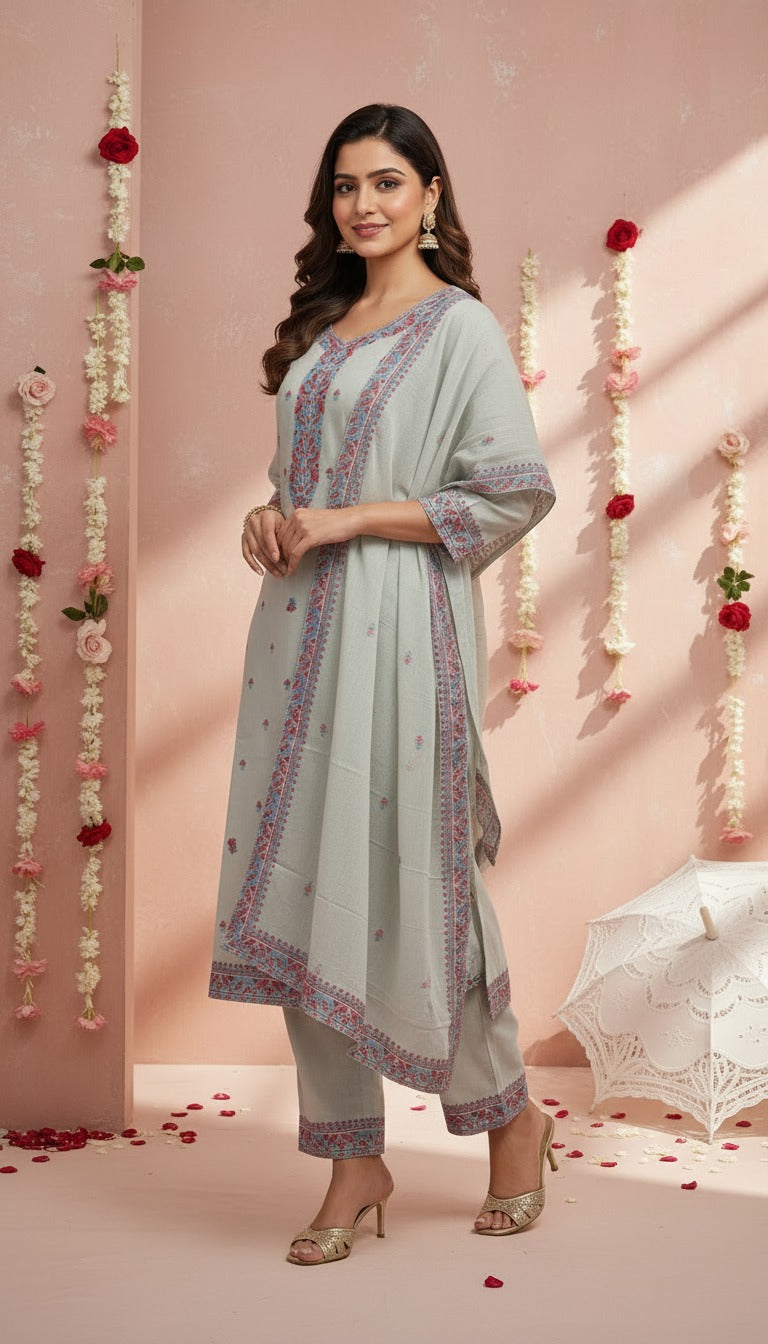 Women's Premium Light Grey Printed Kurta Pant & Dupatta Set with Intricate Floral Ethnic Motifs