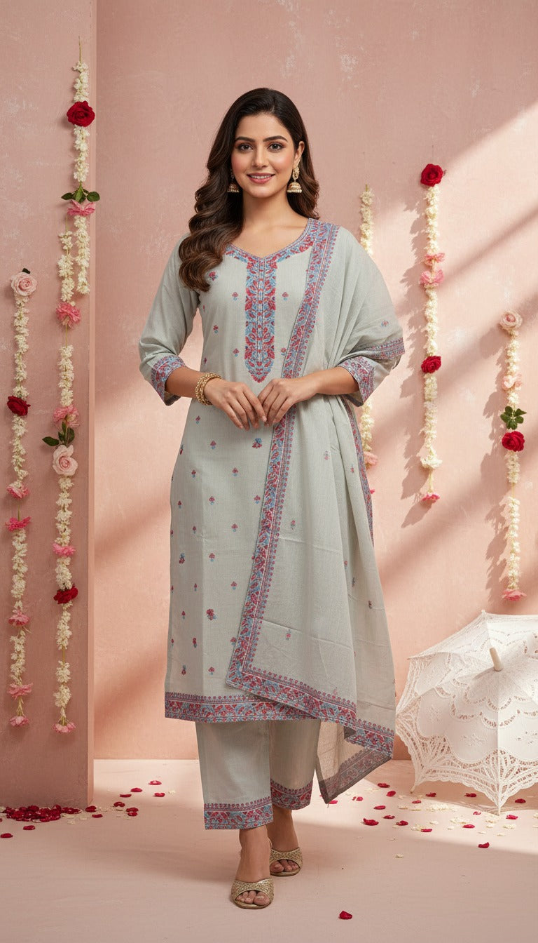 Women's Premium Light Grey Printed Kurta Pant & Dupatta Set with Intricate Floral Ethnic Motifs