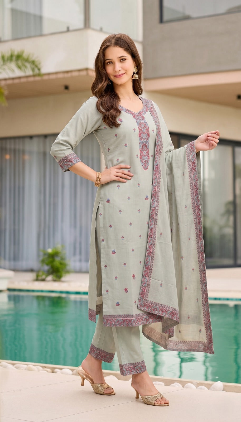 Women's Premium Light Grey Printed Kurta Pant & Dupatta Set with Intricate Floral Ethnic Motifs
