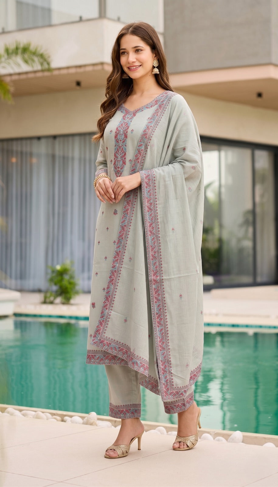 Women's Premium Light Grey Printed Kurta Pant & Dupatta Set with Intricate Floral Ethnic Motifs