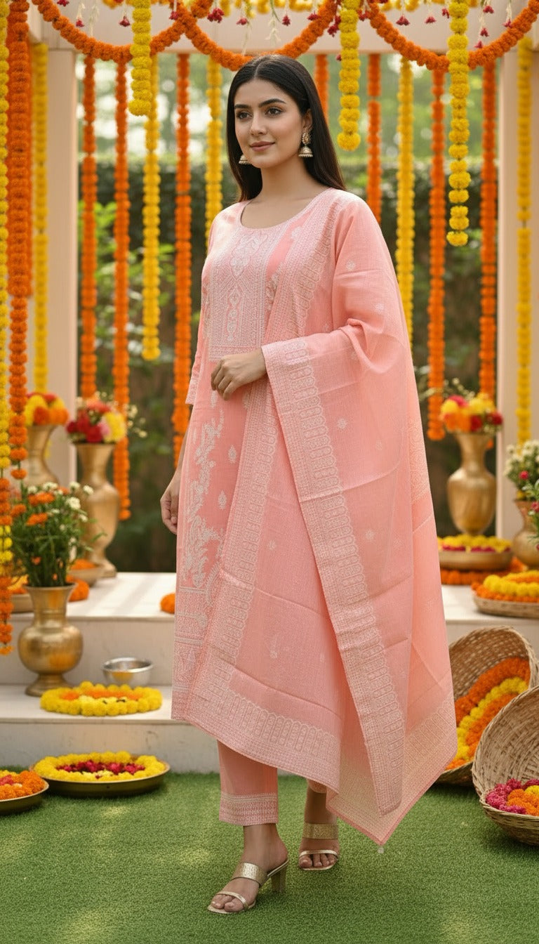 Luxury Peach Pink Ethnic Ensemble Featuring Designer Kurta, Matching Bottoms and Printed Dupatta for Women