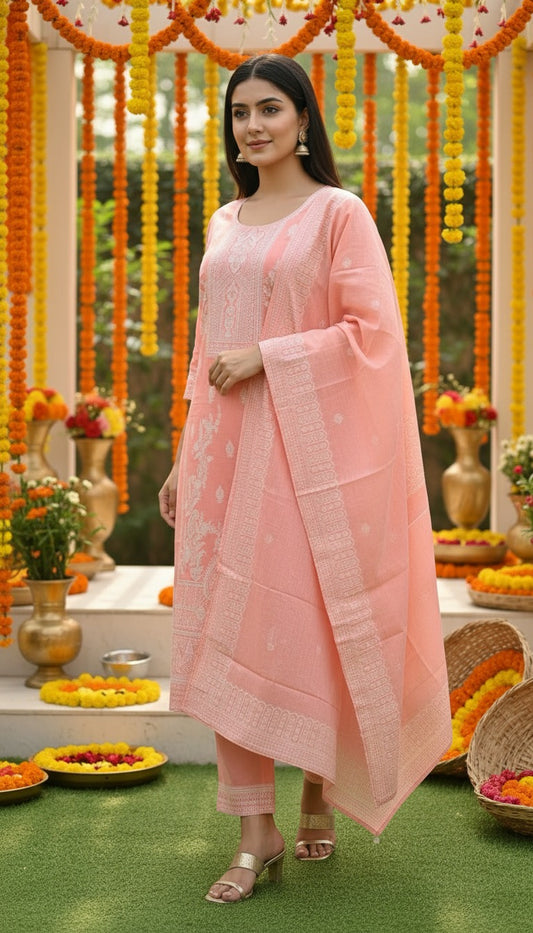Luxury Peach Pink Ethnic Ensemble Featuring Designer Kurta, Matching Bottoms and Printed Dupatta for Women