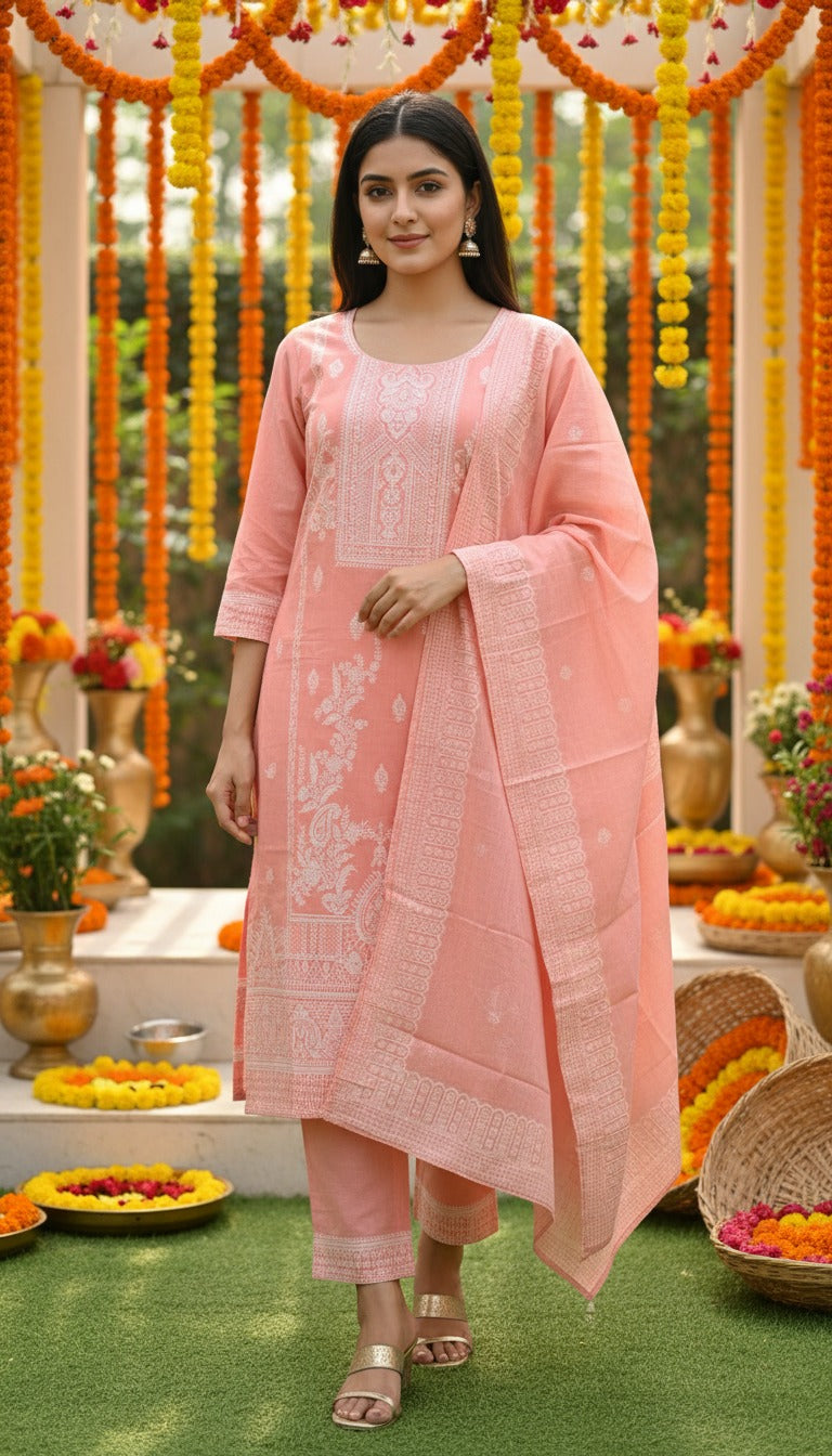 Luxury Peach Pink Ethnic Ensemble Featuring Designer Kurta, Matching Bottoms and Printed Dupatta for Women