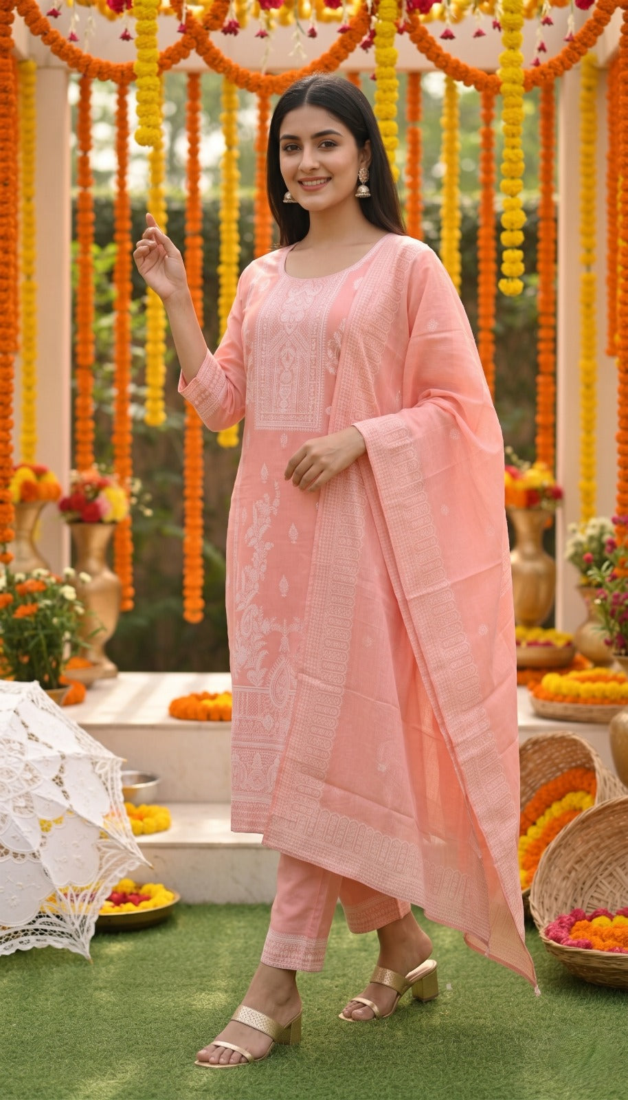 Luxury Peach Pink Ethnic Ensemble Featuring Designer Kurta, Matching Bottoms and Printed Dupatta for Women