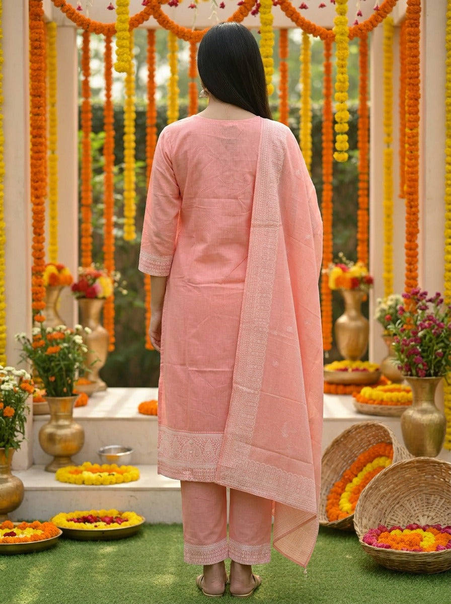 Luxury Peach Pink Ethnic Ensemble Featuring Designer Kurta, Matching Bottoms and Printed Dupatta for Women