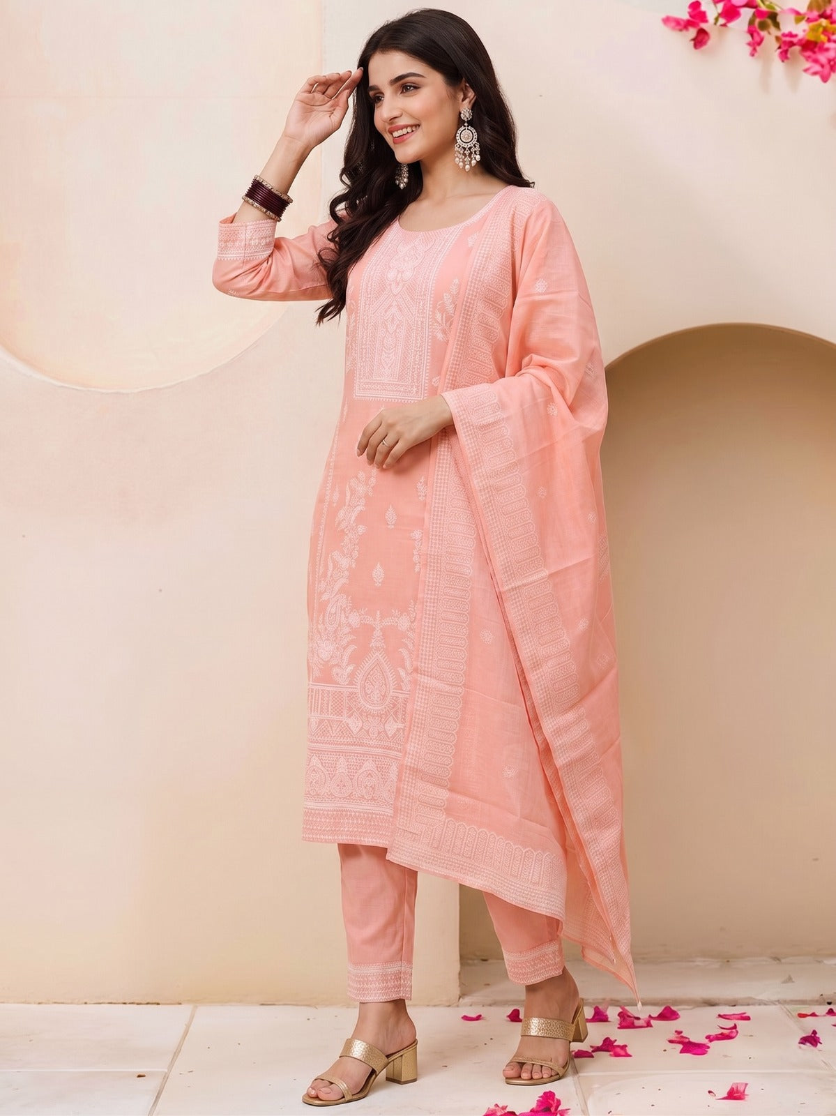 Luxury Peach Pink Ethnic Ensemble Featuring Designer Kurta, Matching Bottoms and Printed Dupatta for Women