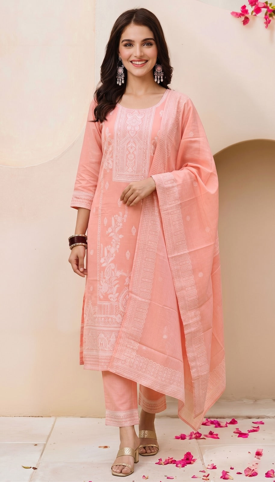 Luxury Peach Pink Ethnic Ensemble Featuring Designer Kurta, Matching Bottoms and Printed Dupatta for Women