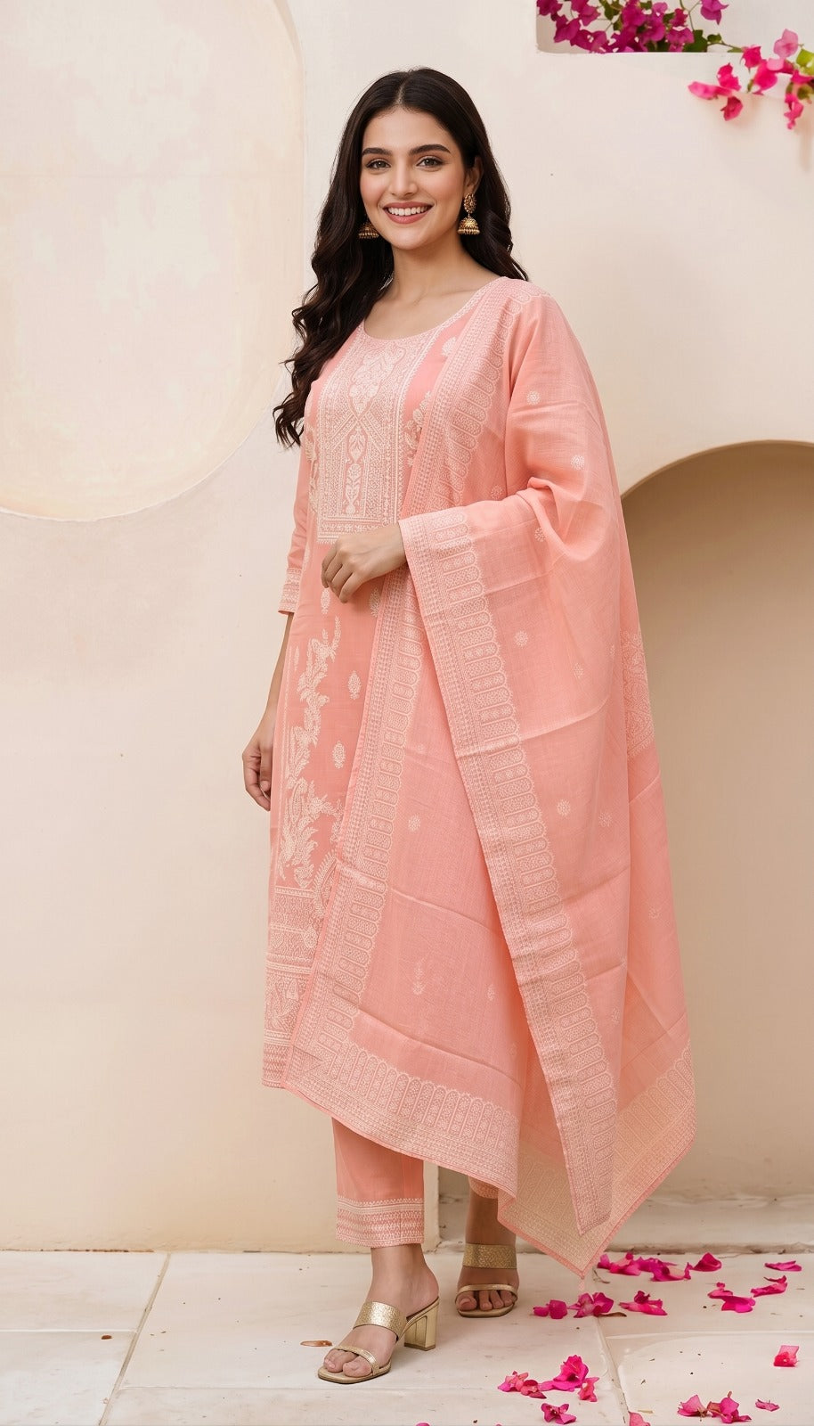 Luxury Peach Pink Ethnic Ensemble Featuring Designer Kurta, Matching Bottoms and Printed Dupatta for Women