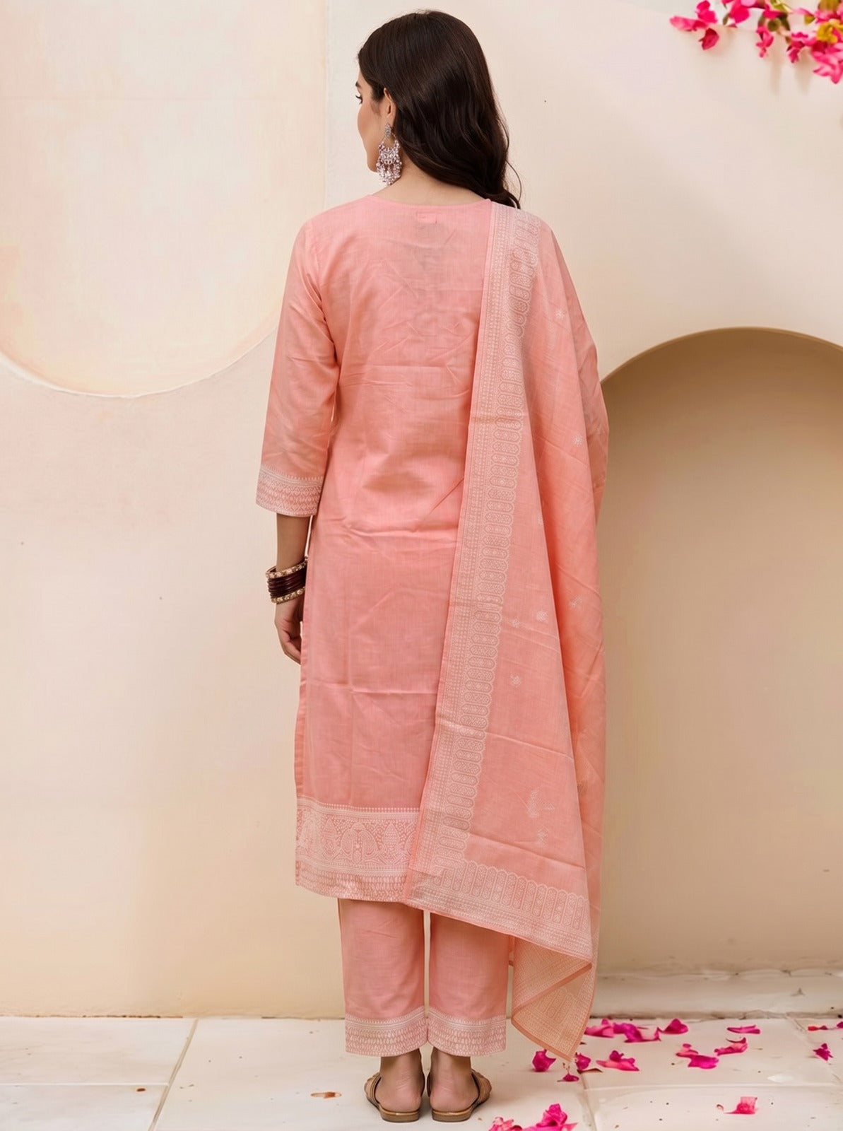 Luxury Peach Pink Ethnic Ensemble Featuring Designer Kurta, Matching Bottoms and Printed Dupatta for Women