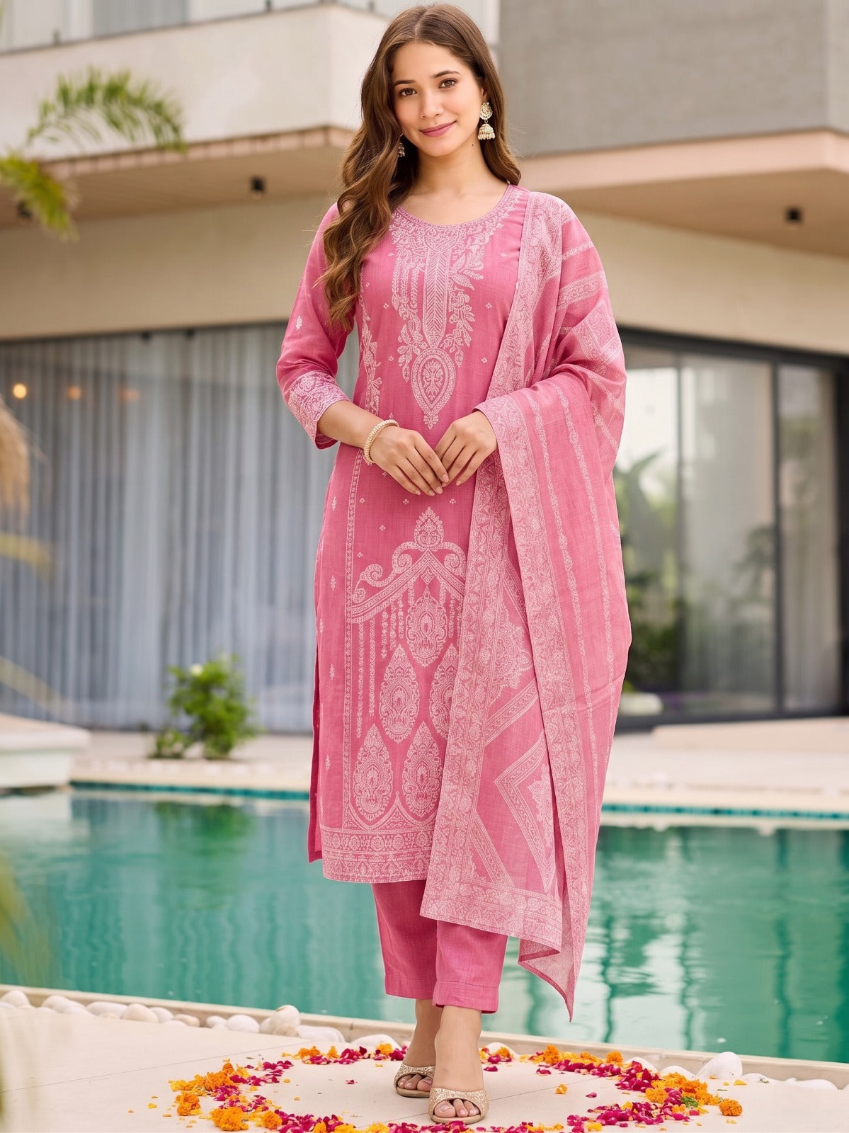 Premium Rose Pink Ethnic Suit Set for Women Featuring Designer Printed Kurta, Straight Pants and Matching Dupatta