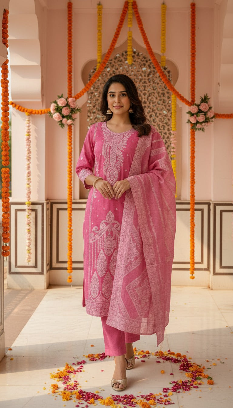 Premium Rose Pink Ethnic Suit Set for Women Featuring Designer Printed Kurta, Straight Pants and Matching Dupatta