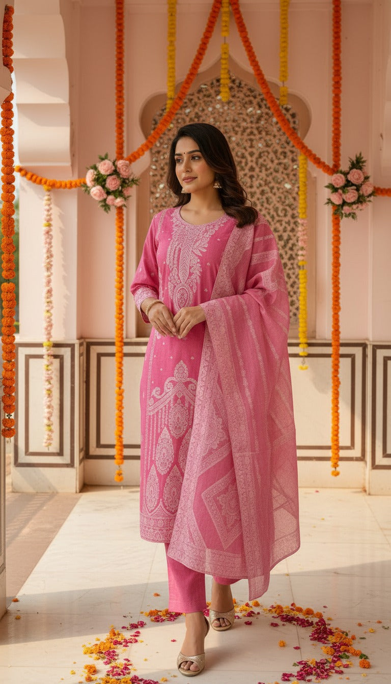 Premium Rose Pink Ethnic Suit Set for Women Featuring Designer Printed Kurta, Straight Pants and Matching Dupatta