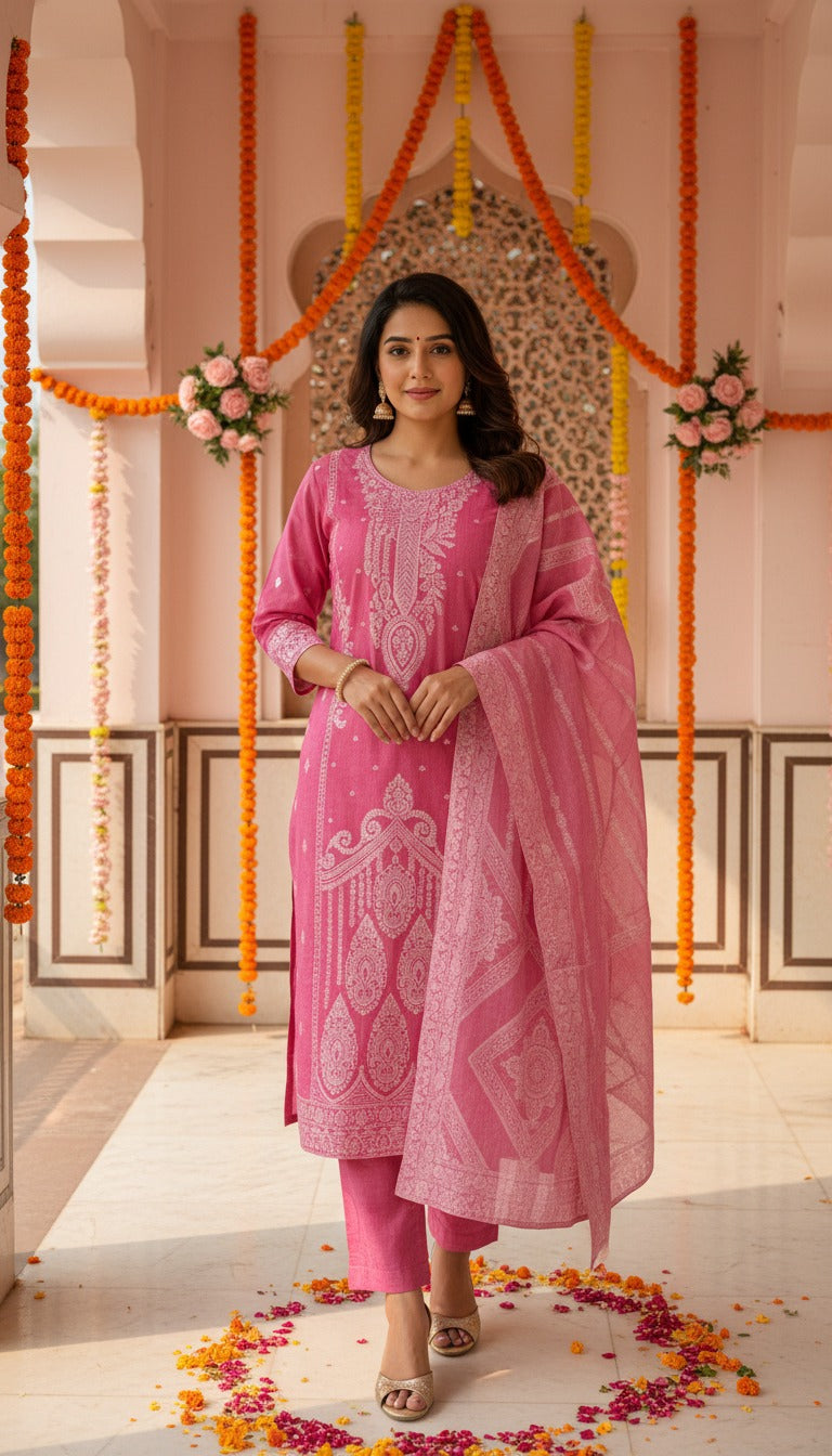 Premium Rose Pink Ethnic Suit Set for Women Featuring Designer Printed Kurta, Straight Pants and Matching Dupatta