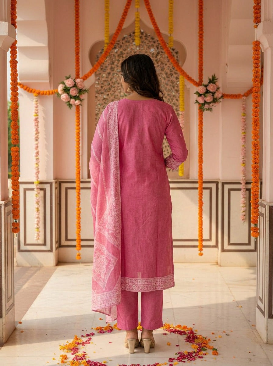 Premium Rose Pink Ethnic Suit Set for Women Featuring Designer Printed Kurta, Straight Pants and Matching Dupatta