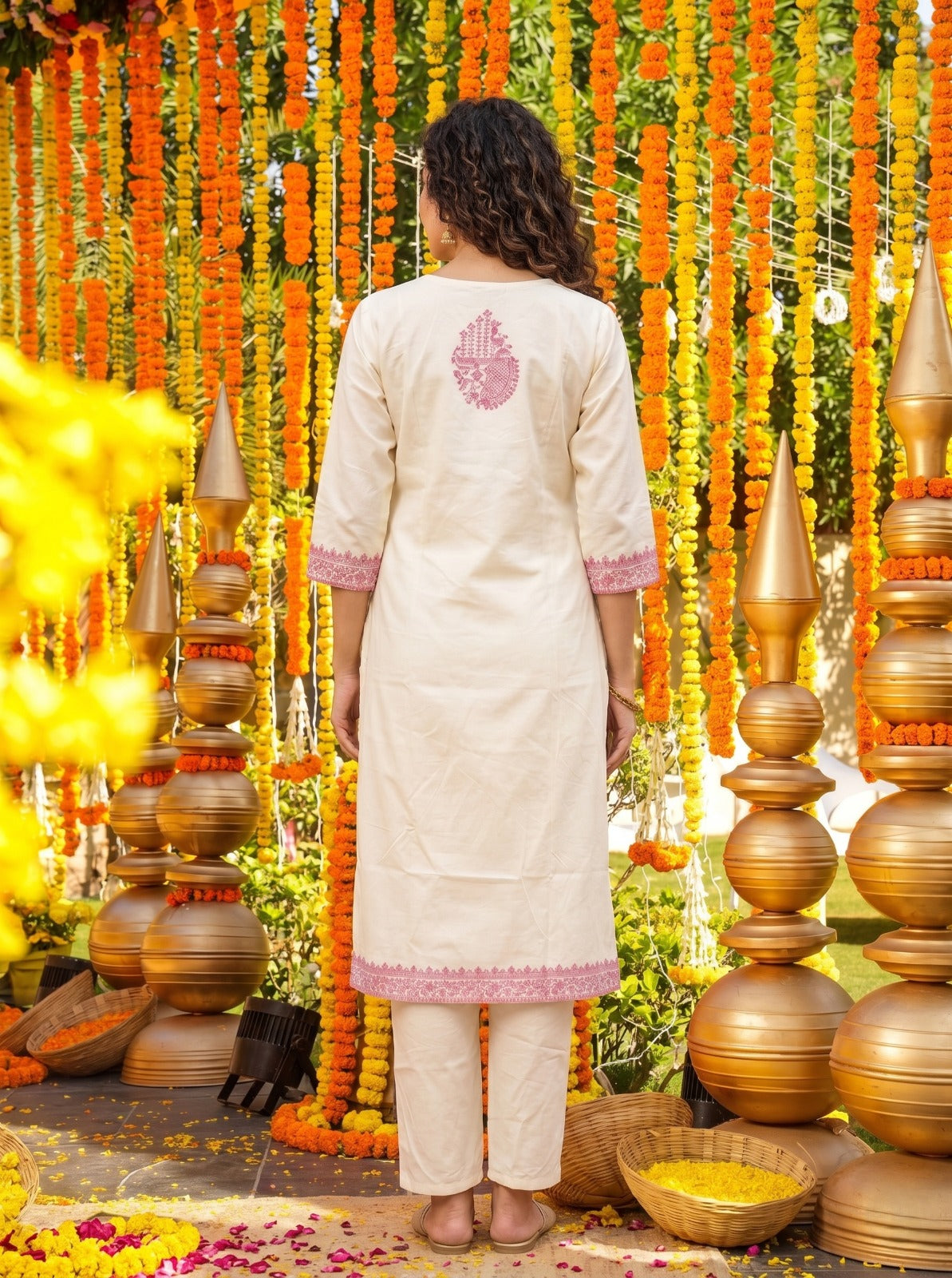 Women's Premium Off White Embroidered Kurta Pant & Dupatta Set with Pink Thread Work for Festive and Traditional Wear