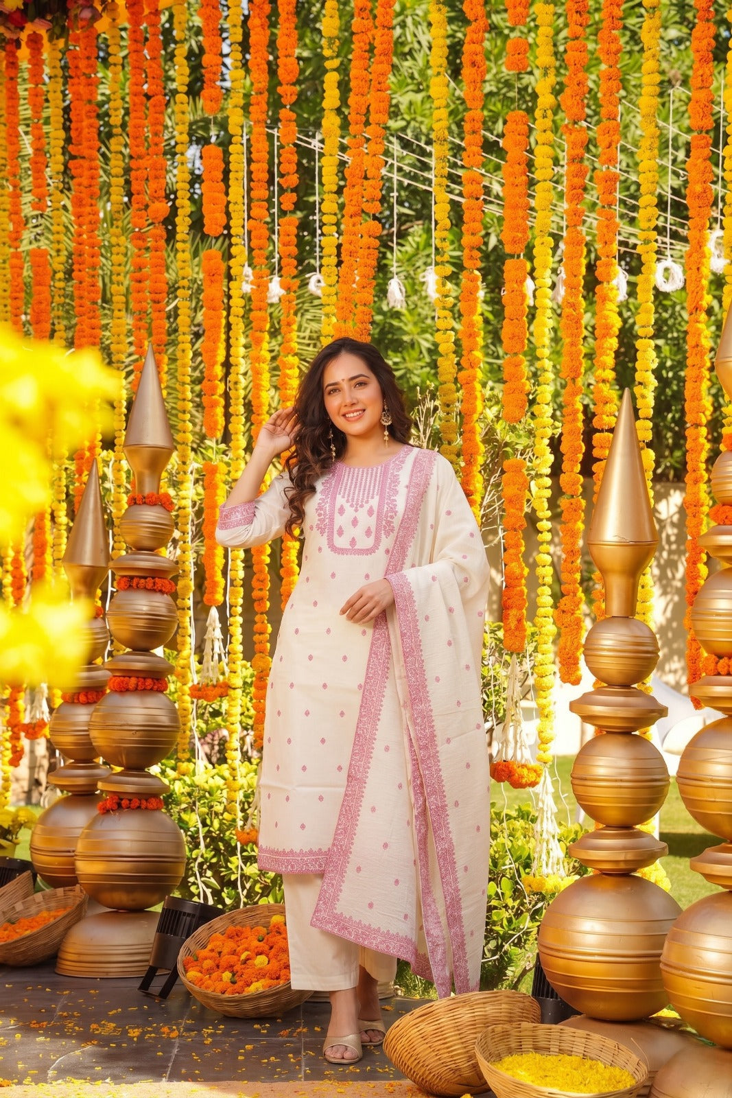 Women's Premium Off White Embroidered Kurta Pant & Dupatta Set with Pink Thread Work for Festive and Traditional Wear