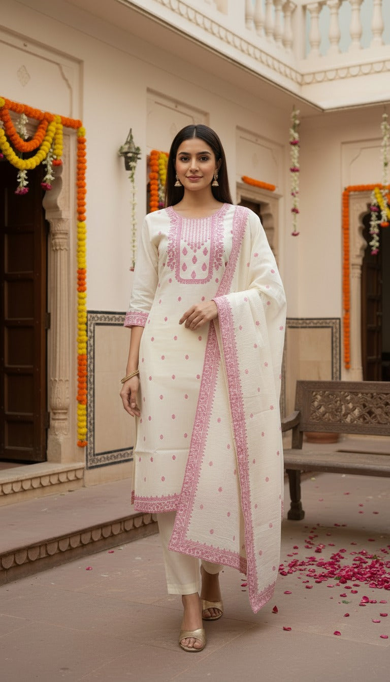 Women's Premium Off White Embroidered Kurta Pant & Dupatta Set with Pink Thread Work for Festive and Traditional Wear