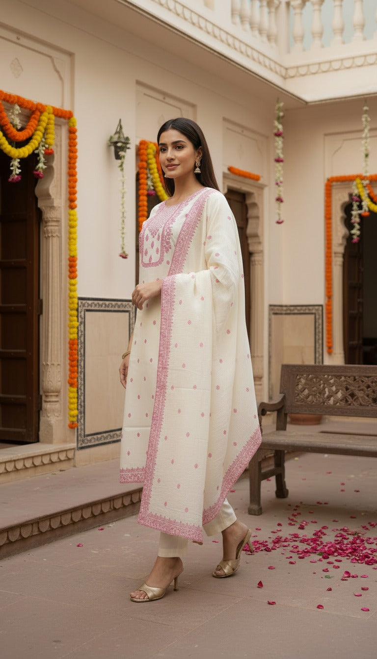 Women's Premium Off White Embroidered Kurta Pant & Dupatta Set with Pink Thread Work for Festive and Traditional Wear