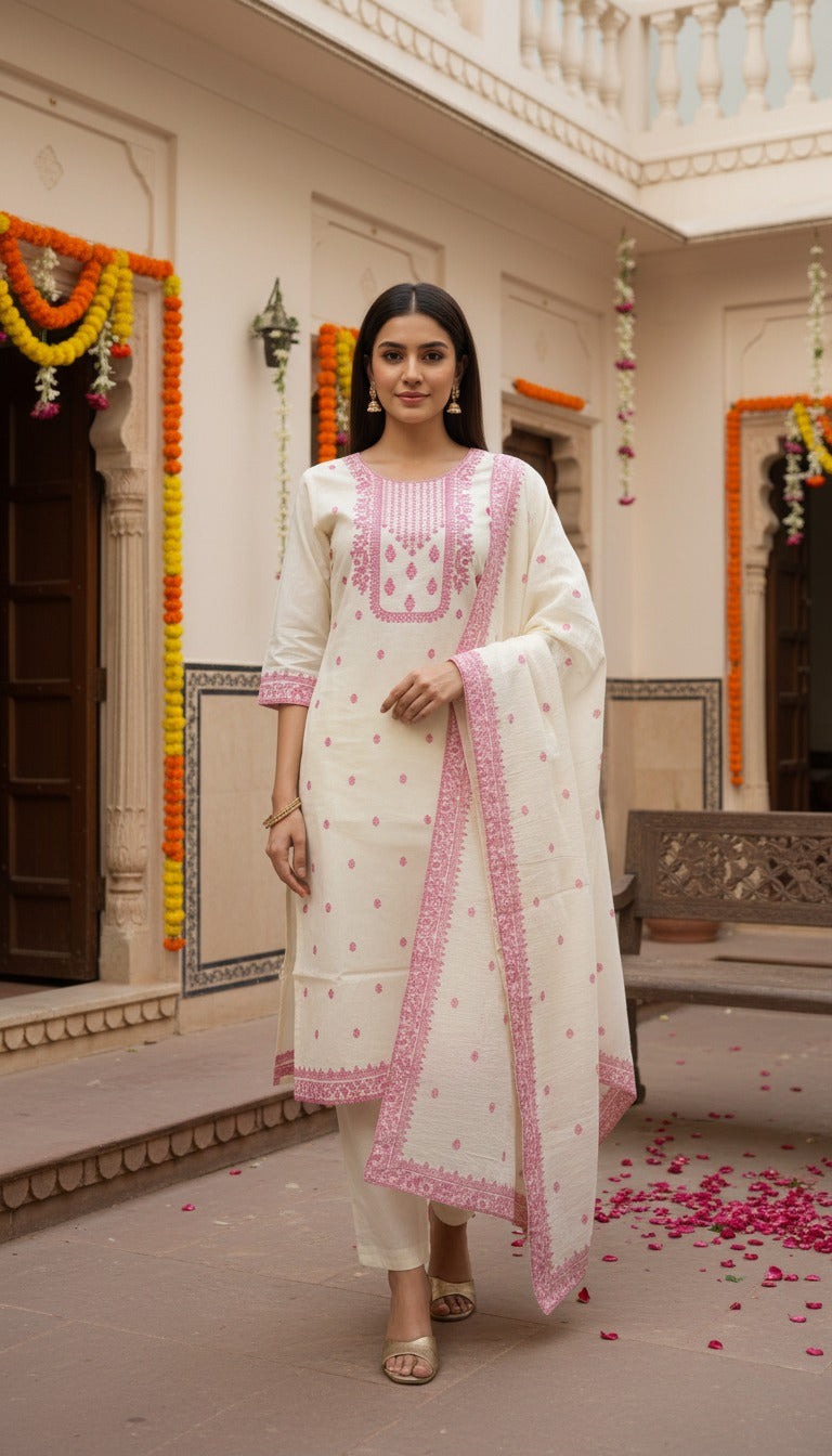 Women's Premium Off White Embroidered Kurta Pant & Dupatta Set with Pink Thread Work for Festive and Traditional Wear
