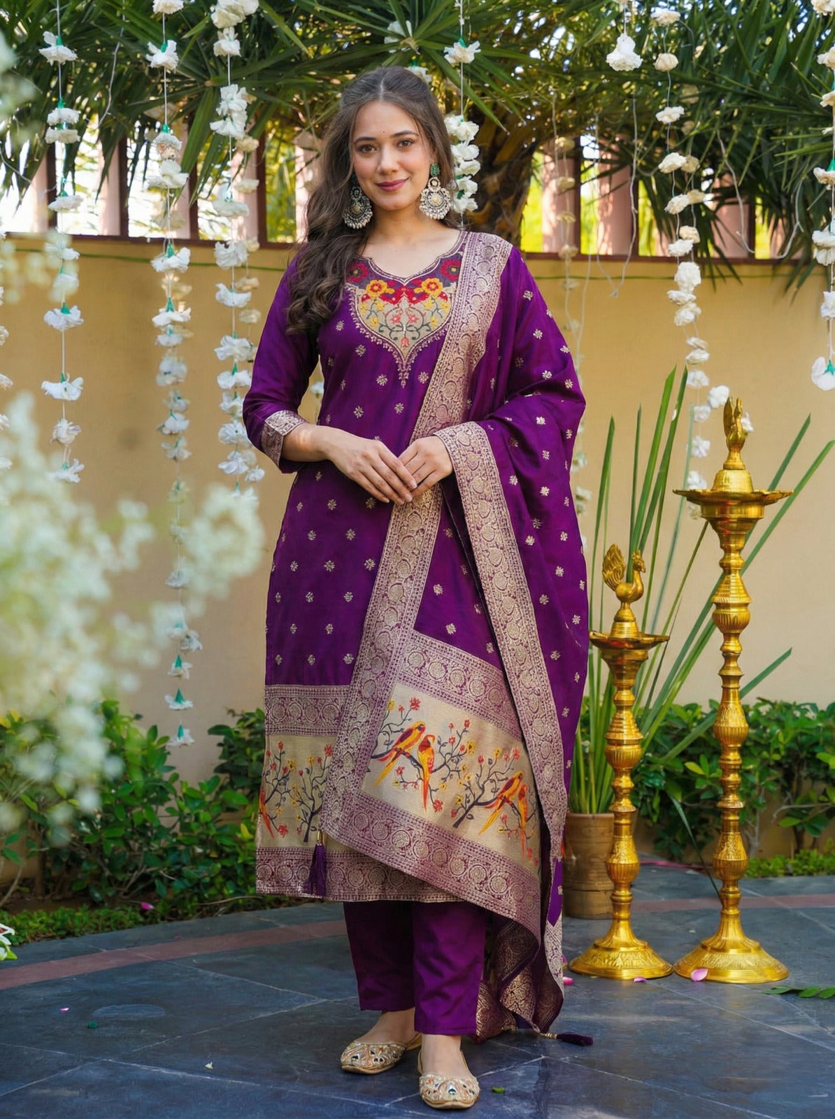 Royal Purple Ethnic Kurta Set with Intricate Floral Embroidered Neckline, Straight Pants and Jacquard Dupatta