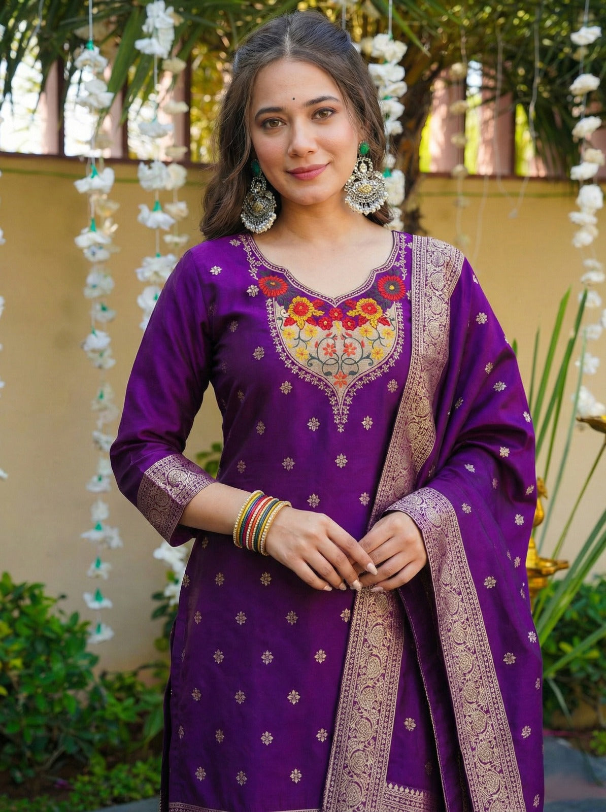 Royal Purple Ethnic Kurta Set with Intricate Floral Embroidered Neckline, Straight Pants and Jacquard Dupatta
