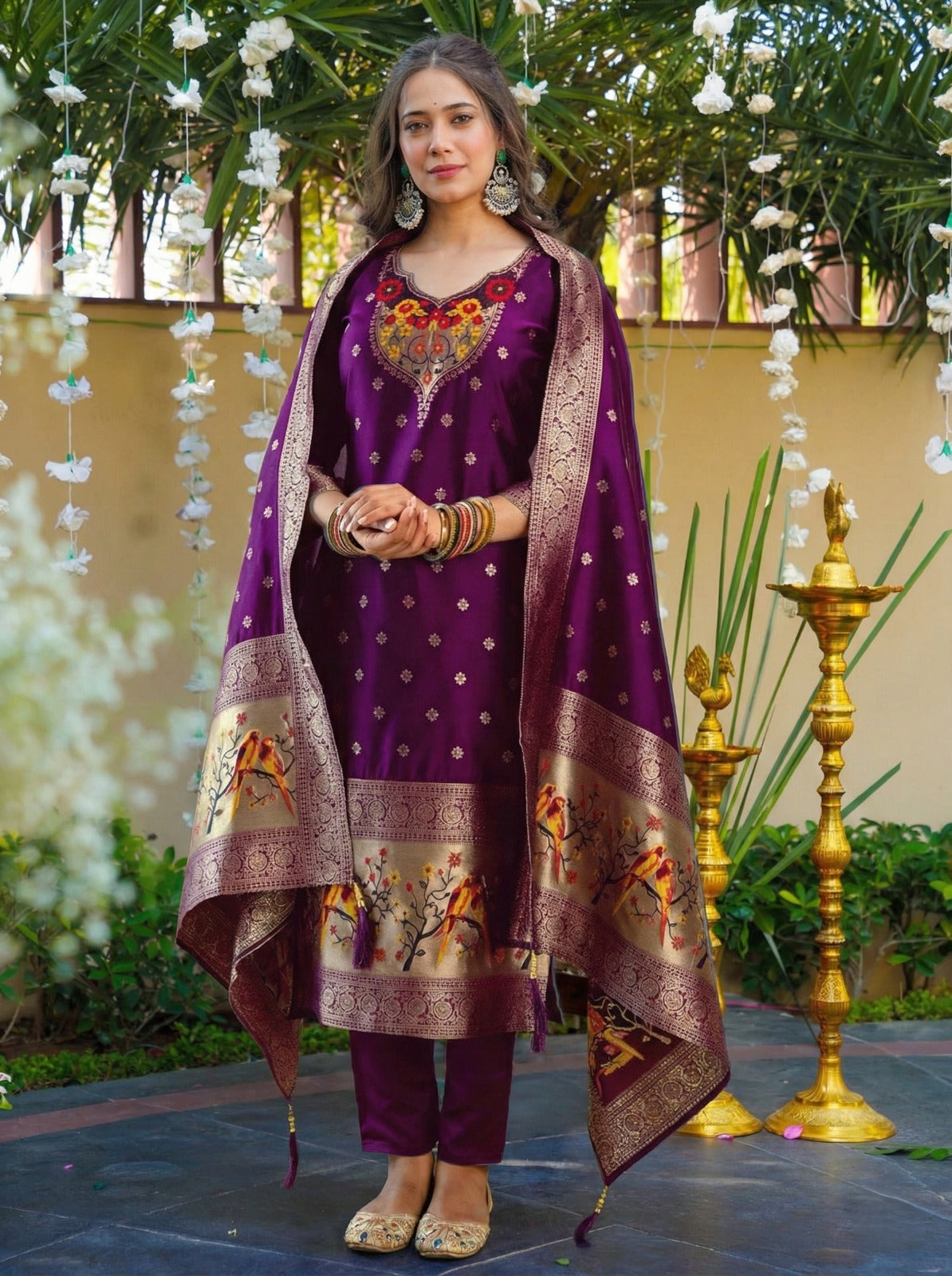 Royal Purple Ethnic Kurta Set with Intricate Floral Embroidered Neckline, Straight Pants and Jacquard Dupatta