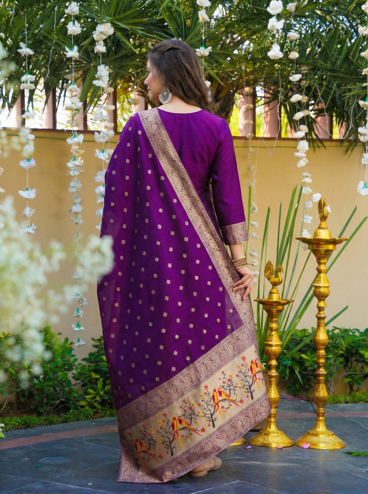 Royal Purple Ethnic Kurta Set with Intricate Floral Embroidered Neckline, Straight Pants and Jacquard Dupatta